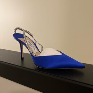 Jimmy Choo Saeda 85 Royal Blue Satin Heels with Crystal Strap